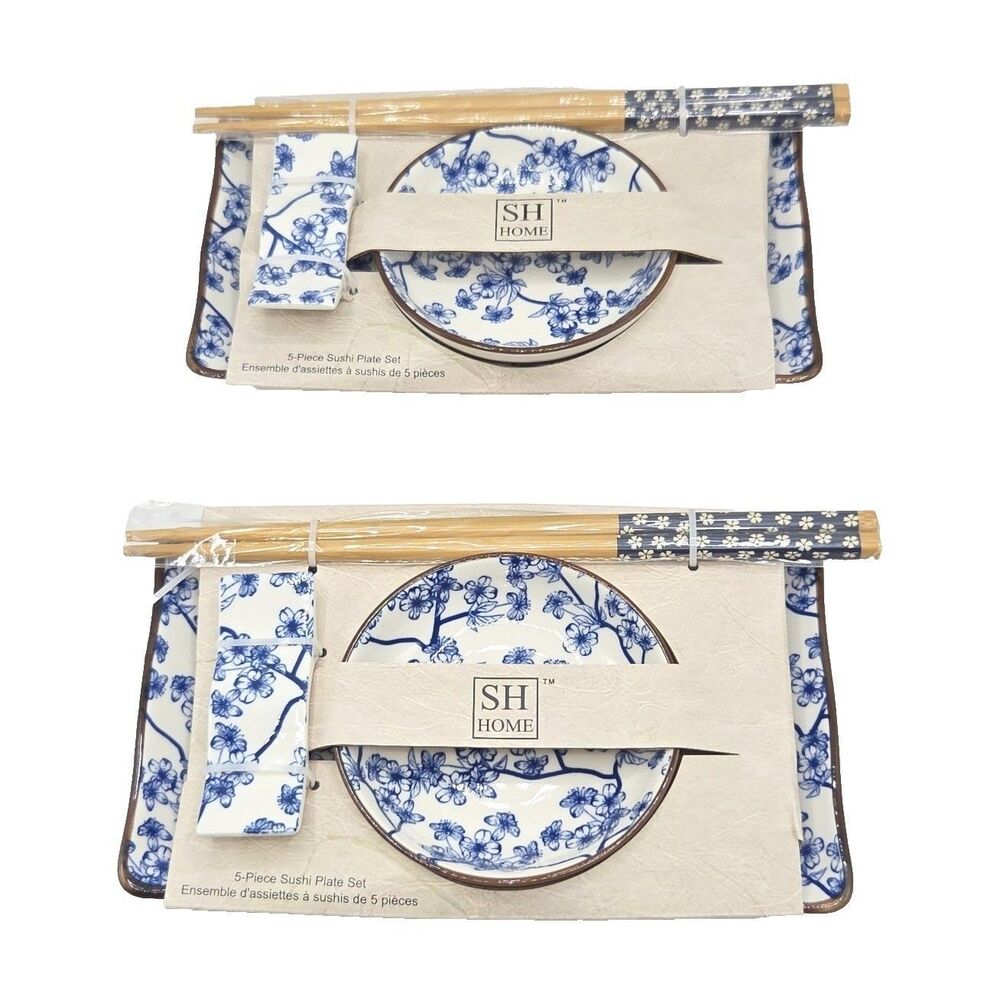 SH Home 10-Piece Ceramic Sushi Plate Set of 2 Blue White Cherry Blossom 8"x4.5"